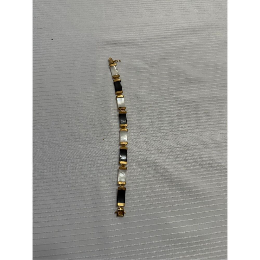ONYX MOTHER OF PEARL GOLD VINTAGE BRACELET ORIENTAL MOTIF 8 Symbols - Picture 3 of 10